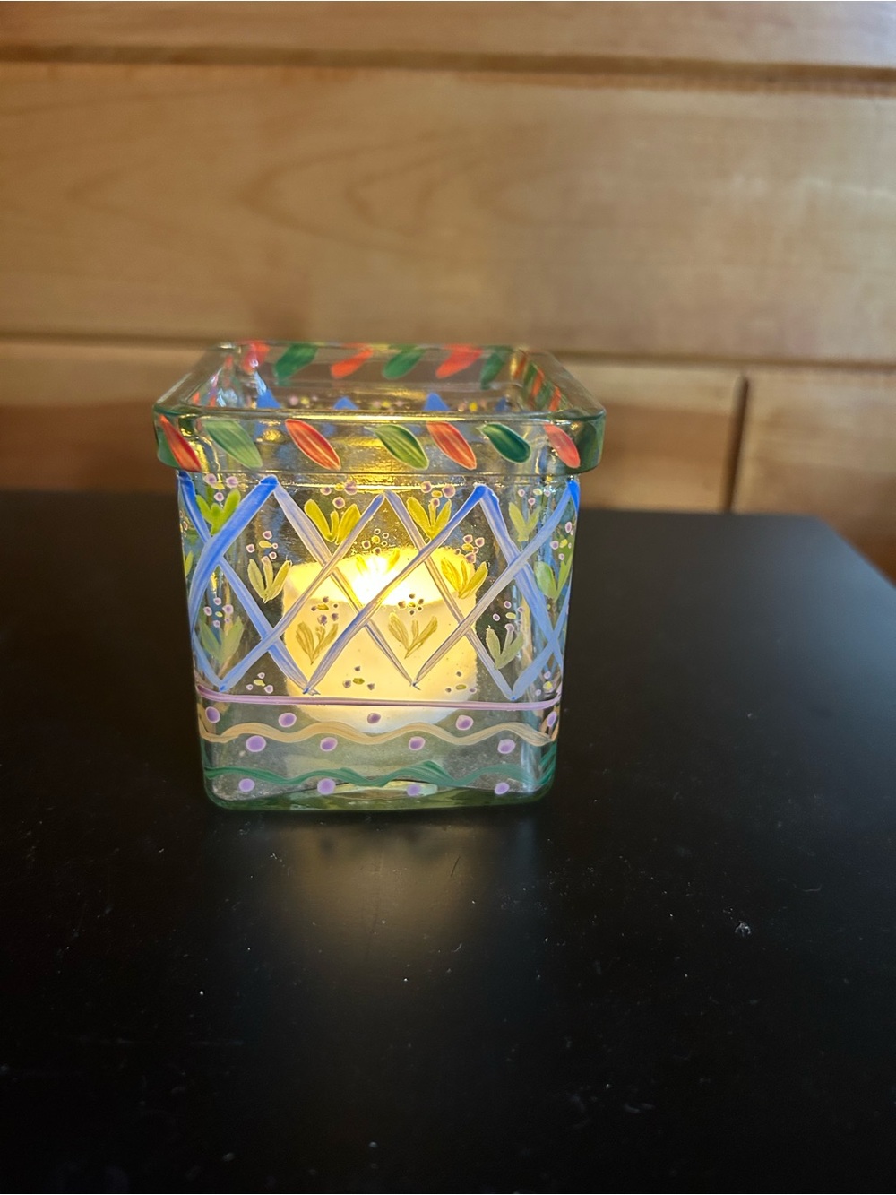 Hand-Painted Glass Votive Holder in Multicolor